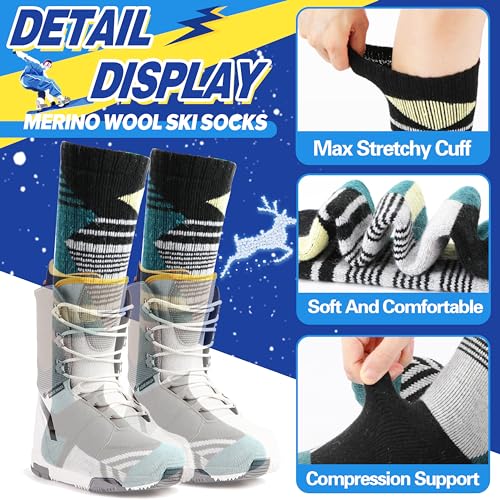 ANTSANG Kids Merino Wool Ski Socks for Boys Girls Teen Thermal Warm Thick Winter Hiking Knee High Socks Stocking Stuffers for Snowboarding Skiing(Assorted A,4-7 Y)