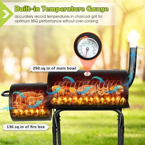 Image of HaSteeL Outdoor Charcoal Grill with Cover, Large Barrel BBQ Grill with Offset Smoker, Great for Camping Patio Backyard Garden Party Picnic Beach, Large 420.SQ.IN Cooking Area, 2 Screwdrivers - Black