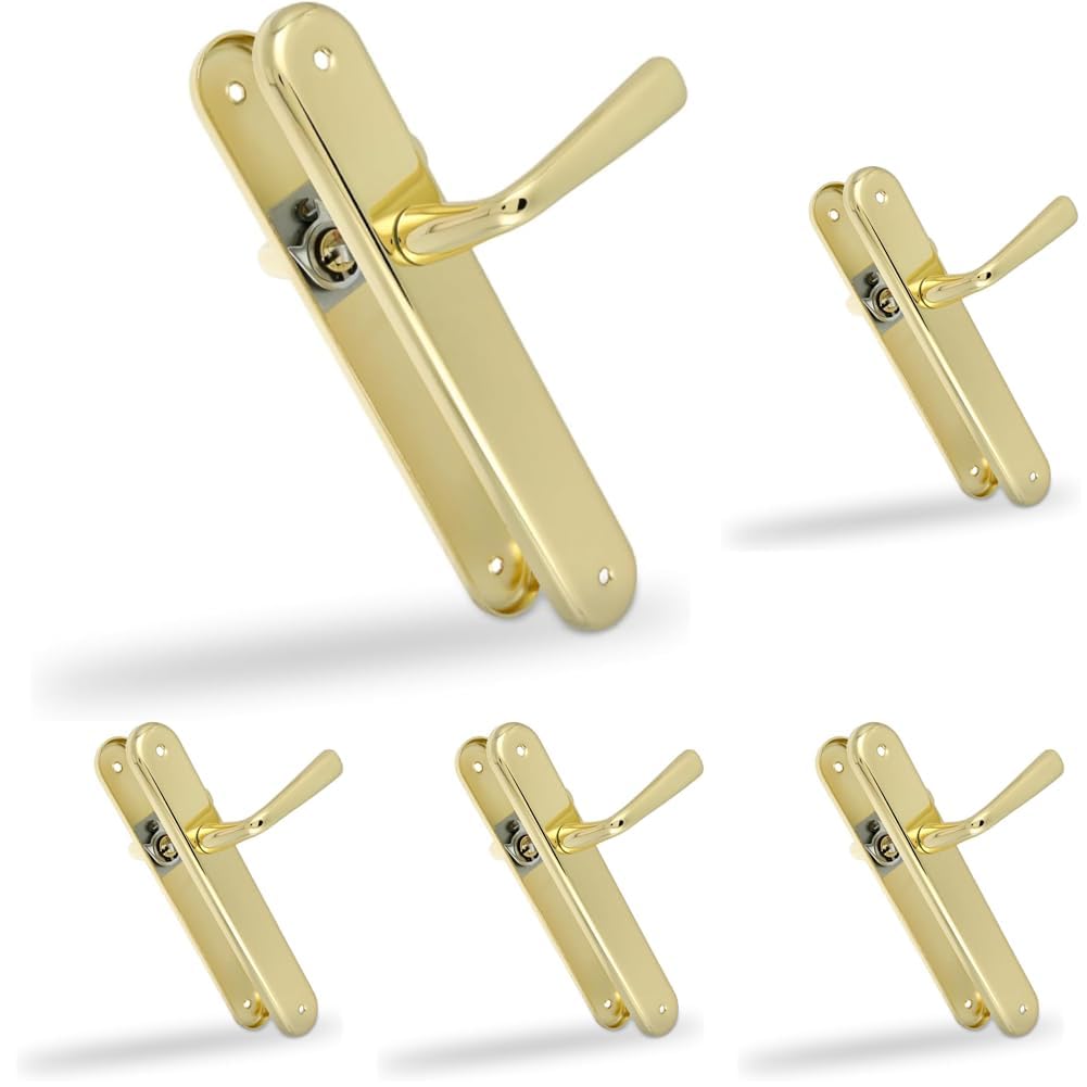 Amig - Juego de Manillas de Placa de Latón - Modelo 252P Medida: 250 x 40 mm - Cuadradillo de 8 mm - Resistente a la Corrosión, Incluye tornillería - Acabado: Latonado barnizado (Paquete de 5)
