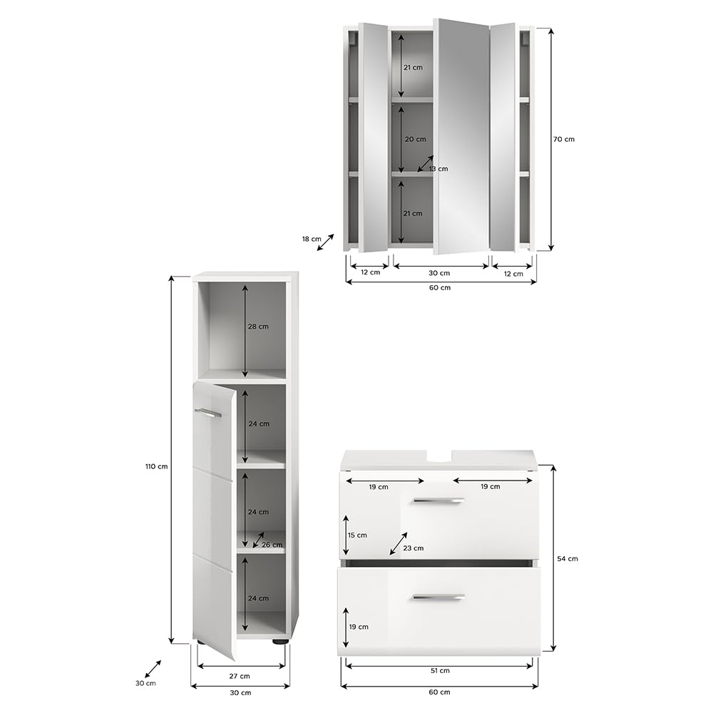 Lomadox Badezimmer Badmöbel-Set 3-teilig in weiß mit weiß Hochglanz, mit 1 Midischrank, 1 Spiegelschrank mit 3D-Funktion & 1 Waschbeckenschrank
