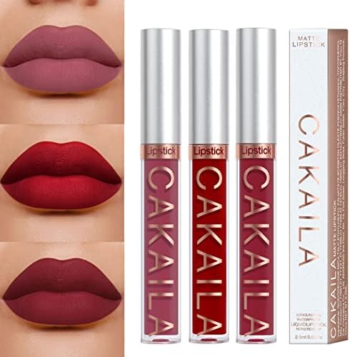 3Pcs Matte Liquid Lipstick Set Lip Stain Makeup, 24 Hour Long Lasting Waterproof Dark Red Matte Matt Lipsticks Lip Gloss Sets for Women, Velvety Long Lasting High Pigmented Nude Waterproof Lipgloss Kit Girls Women Make Up Gift Set (16-18)