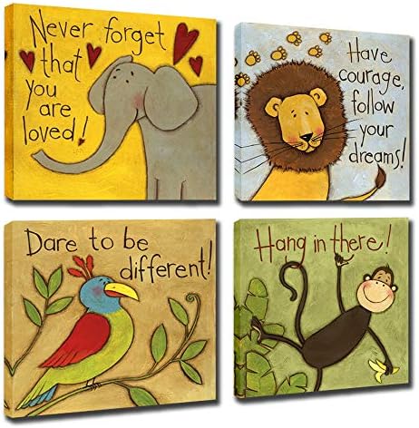 Vintage Cartoon Animal Canvas Wall Art Elephant Lion Monkey Parrot Inspiration for Kids Boy Girl Room Decoration,Framed (Animals, 12x12inchx4pcs (30x30cmx4pcs))