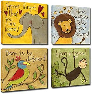 Vintage Cartoon Animal Canvas Wall Art Elephant Lion Monkey Parrot Inspiration for Kids