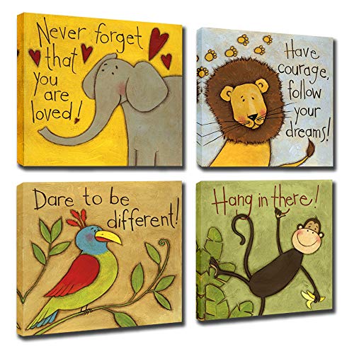 Vintage Cartoon Animal Canvas Wall Art Elephant Lion Monkey Parrot Inspiration for Kids