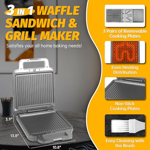FineMade Panini Grill Press Breakfast Sandwich Maker 3 in 1, Electric Griddle Panini Press, Grilled Cheese Maker, Sandwichera Electrica, Belgian Waffle Maker with Removable Plates - Thumbnail 2