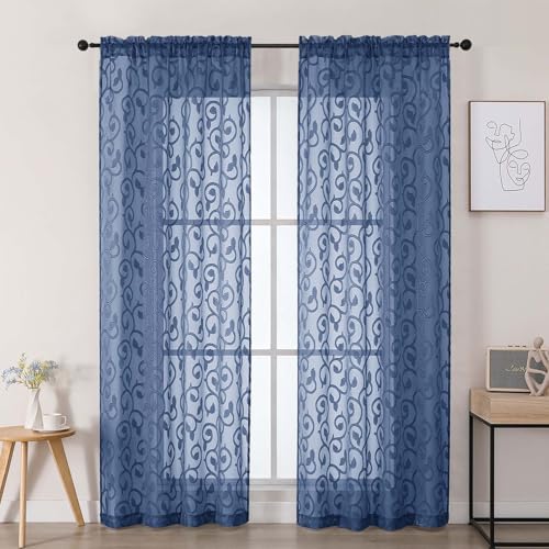 WelvetBLK Dusty Blue Sheer Curtains 84 Inches Long 2 Panels Set for Bedroom Living Room Soft Solid Airy Elegant Geometric Jacquard Clip Light Filtering Curtains Drapes 2Pcs Total Wide 84 Inch