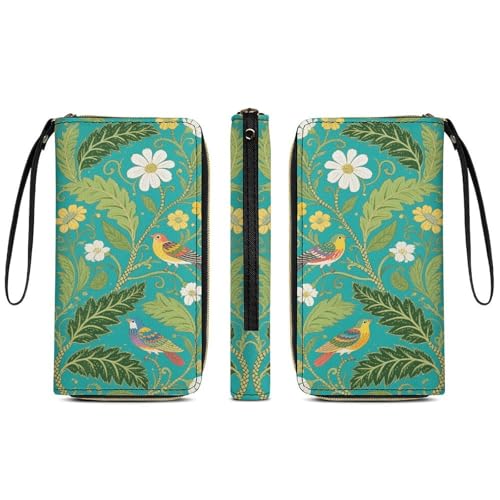 William Morris Strawberry Thief FloralPU Leather Wallet with Wristlet Strap, Portable Small Zip Around Card Holder Coin Purse for Men And Women, Ideal for Work, Travel, And Daily Use3