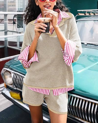 Image of Tankaneo Womens Sweater Set 2 Piece Outfits Oversized 3 /4 Sleeve V Neck Knit Tops High Waisted Shorts Lounge Sets