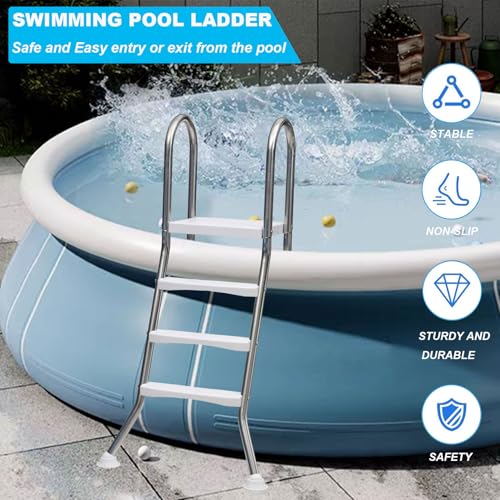 Escalera de piscina resistente de 2 escalones para piscinas sobre el suelo, almohadillas giratorias antideslizantes, se adapta a paredes de 33 pulgadas, entrada fácil y segura, acero inoxidable