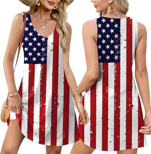 Image of LHBNK 4th of July Dress for Women: American Flag Tank Dresses Star Striped Splicing Loose V Neck Sundresses