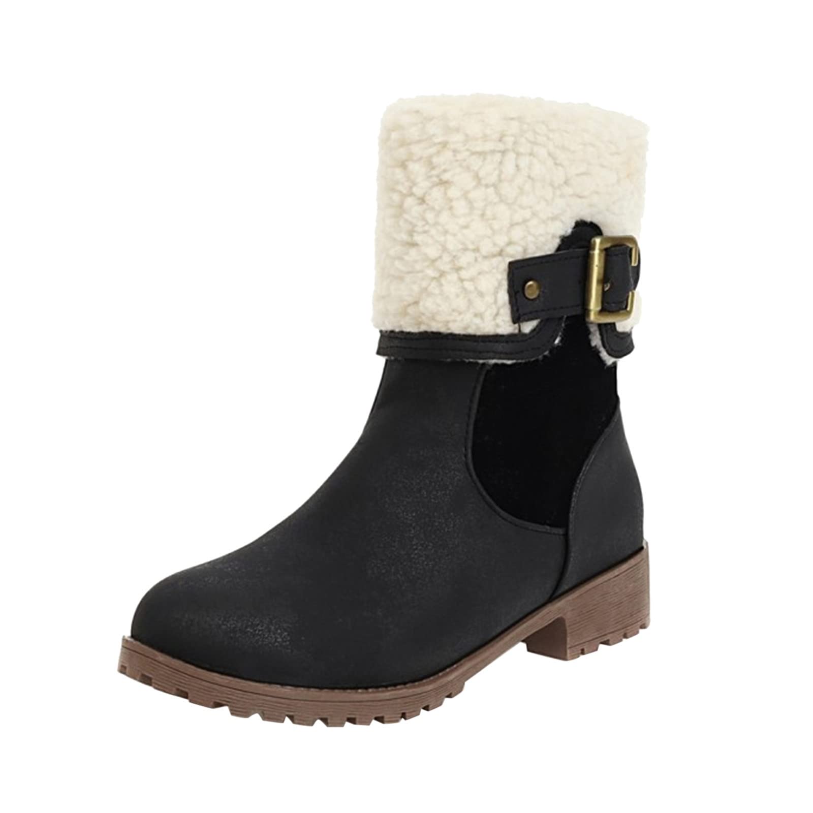 Stivali di Cotone con Tacco Spesso con Cerniera Laterale in Peluche con Fibbia per Cintura in Pelle Tinta Unita da Donna Stivali in Gomma Donna Stivali da Lavoro