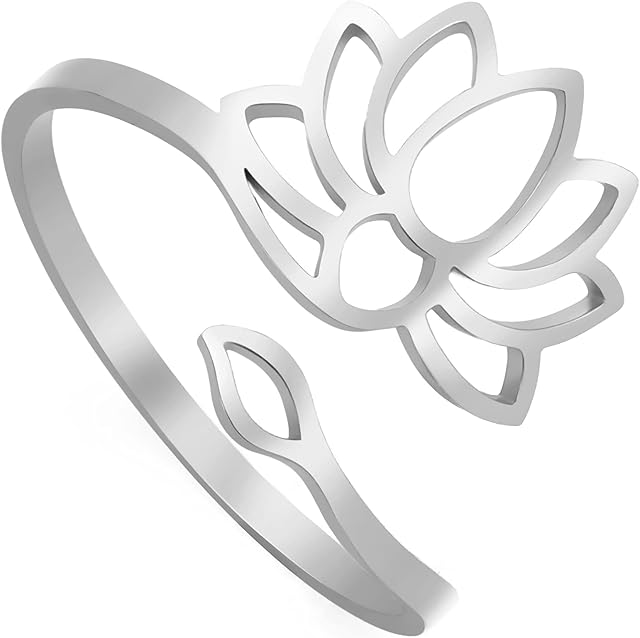 Lotus Flower Rings for Women Girls Floral Ring Band Adjustable Stainless Steel Lotos Open Ring Jewellery Gifts for Birthday Anniversary New Year Christmas