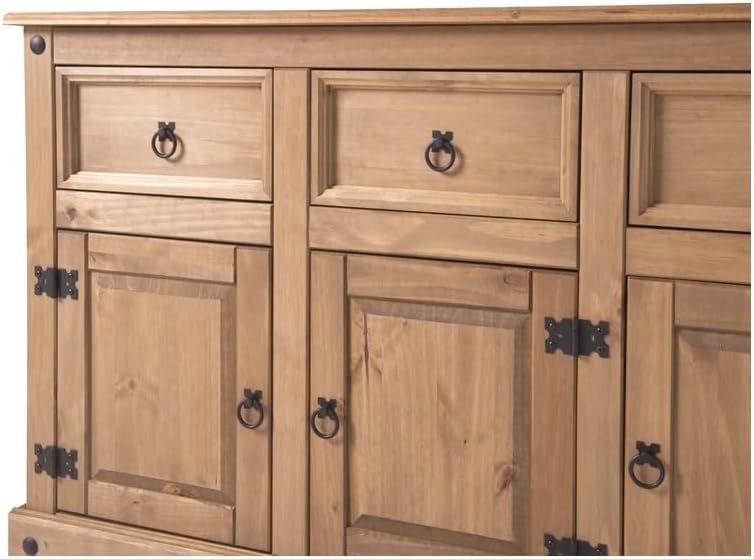 HomeStock Pine Wood Buffet Sideboard - Rustic Finish, Dovetail Drawers, Spacious Storage 3 Door/Corono Brown