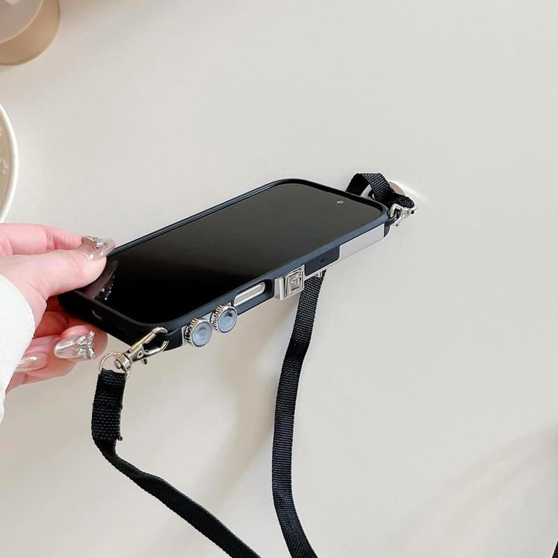 Image of ZS Phone Case for iPhone 17, | Black Camera Case Vintage Cover Cute 3D Cool Unique Design Plastic Case with Removable Neck Strap Lanyard for Girls & Boys, with Free Tempered Glass