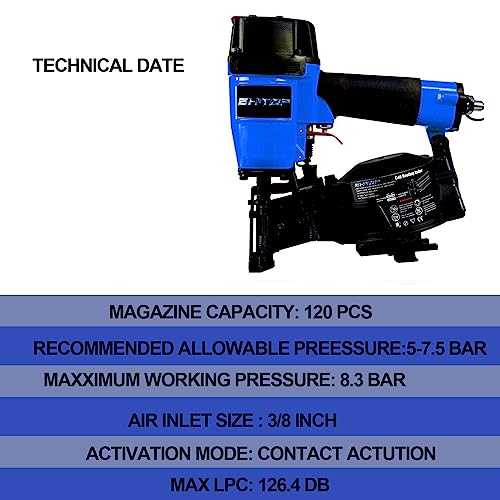 Image of CN45N Roofing Nailer with 100Ft Air Hose, 15 Degree Roofing Nail Gun, 3 /4-Inch to 1-3 /4-Inch Coil Nails, 120-pcs Load Capacity Coil Nailer in Blue