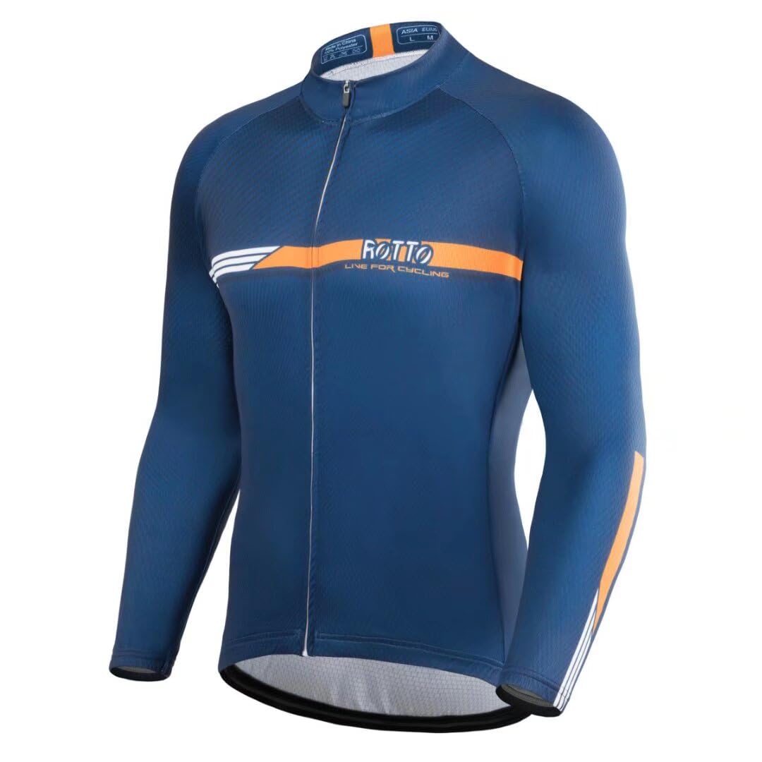rotto mens long sleeve cycling jersey bike shirt with rear pockets a navy