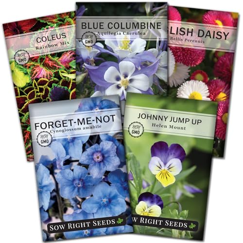 Sow Right Seeds - Part Shade Flower Seed Collection for Planting - 5 Packets Blue Columbine, Violet...