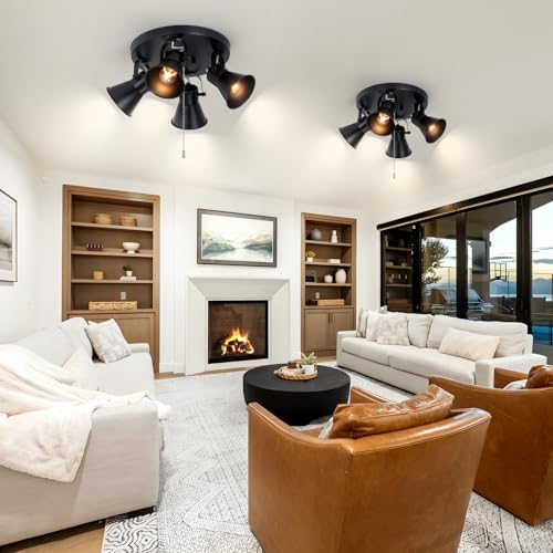 Image of 4-Light Industrial Track Lighting with Pull Chain On /Off Switch, Adjustable Round Kitchen Ceiling Light, Morden Black Flush Mount Directional Light for Kitchen, Hallway, Dining Room.