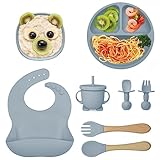 👏. Selbstfütterungsreise - Die Saugplatte hat drei Fächer für verschiedene Lebensmittel mit perfekten Portionsgrößen, um eine Rundum-Mahlzeit mit Gemüse, Obst und Proteinen zu gewährleisten. Die superweichen und gebogenen Seiten der Babyschale zum Abstillen ermöglichen ein einfaches Schöpfen, und die Gabel und der Löffel mit hochwertigen Bambusgriffen sind nicht nur langlebig, sondern auch eine umweltfreundliche Wahl. Das Babynahrungsset fördert die Entwicklung der mit dem Essen verbundenen motorischen Fähigkeiten und trainiert auch die Selbsternährungsfähigkeit des Babys. Perfekt, um die Selbstfütterungsreise Ihres Kleinkindes zu unterstützen.