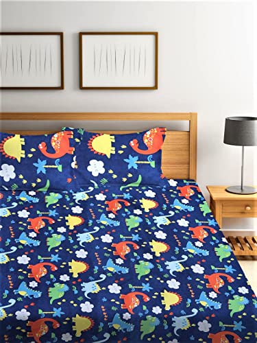 Image of Kids Dinosaurs Design Queen Size Elastic Fitted Bedsheet for Kids Room, Bedroom, Living Room, 90x100 inches, Set of 1 pc of Bedsheet & 2 Pillow Covers, Blue