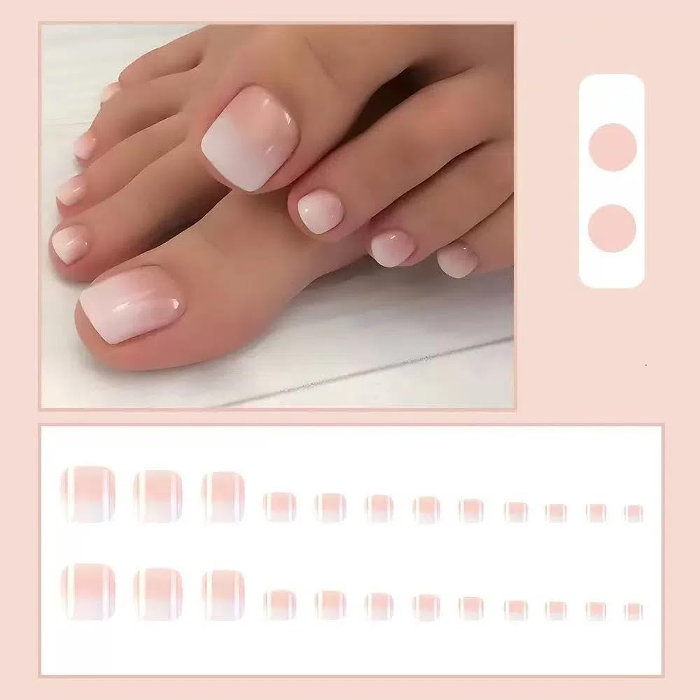 Ztcily False Nails Feet Short Square Pink Gradient Natural False Nails Summer Feet French Nude Pink Fake Nails Feet Stickers Women Girl - Image 2