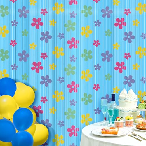 Image of Breling 4 Pcs Sponge Birthday Party Decorations Foil Fringe Photo Backdrop Decor Blue Foil Fringe Curtains Backdrop Flower Decor for Cartoon Birthday Decorations Photo Prop Sponge Party Supplies