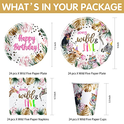 Apowbls Young Wild And Five Birthday Decorations Girl Dinnerware - Safari Theme 5Th Birthday Party Supplies, Plate, Cup, Napkin, Animal Jungle Party Decorations For 5 Year Old Birthday | Serves 24 #TOP1