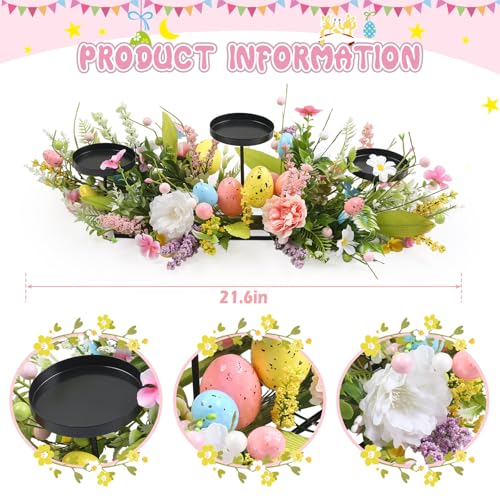 22" Easter Centerpieces for Tables and Fireplaces with 3 Candle Trays, Artificial Easter Egg Candle Holder Decorations with Colorful Spring Flowers & Branches & Green Leaves by OCTAOR - Image 2