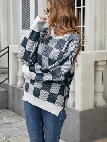 Image of Famulily Womens Long Sleeve Crew Neck Sweater Color Block Plaid Checker Pullover High Low Side Slit Pullover