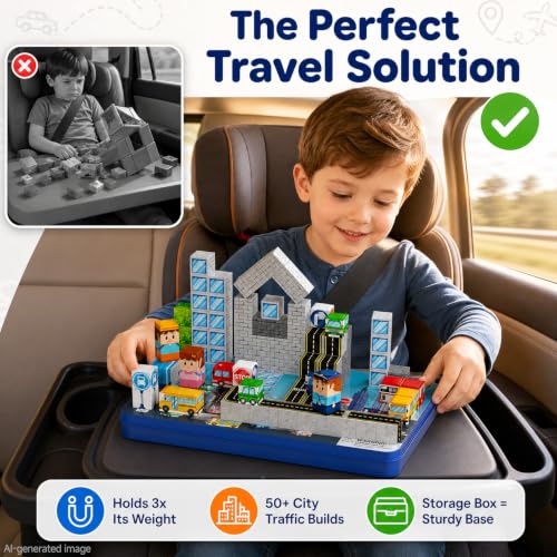 Image of Strong Magnetic Travel Blocks:Great for on-the-go Play Ages 3-8 | Ideal Travel Play for Car Backseats & Airplane Tray Tables-City Traffic Magnetic Blocks Set for Kids