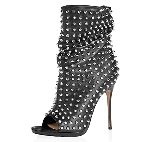 XYD Women Peep Toe High Heels Ankle Boots Rivet Studded Zip Up & Pull On Dress Booties Shoes