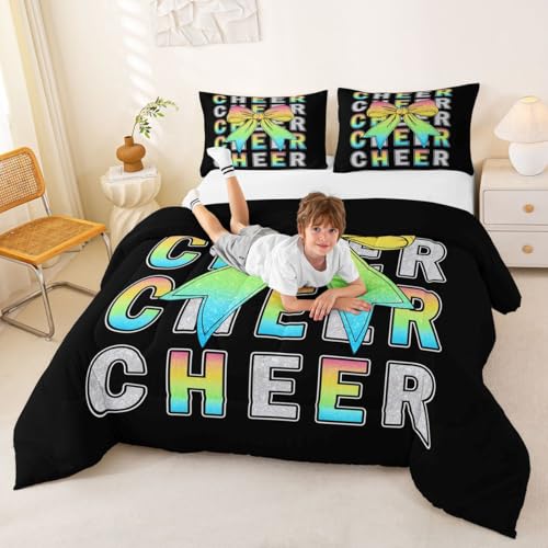 Image of Feelyou Colorful Cheer Bow Kids Comforter Set Toddler Size Glitter Cheerleader Bedding Set Cheerleading Duvet Quilt for Kids Boys Girls Bedroom Sport Decor Microfiber Ultra Soft Breathable
