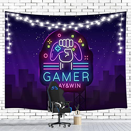 Gamer Tapestry Play & Win Game Night Neon Sign Gamepad Purple Game Tapestry Cool Gaming Wall Hanging Tapestry for Men for Bedroom College Dorm Wall Art Room Decor Home Decoration by Flying Banana
