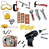 Skoolzy Kids Tool Set Toddler Toys Construction Montessori Materials with Real Cordless Drill, Tape Measure, Screwdriver, Toy Hammer, Wrench, Nuts and Bolts | 29 Pretend Play Tools with Toy Storage