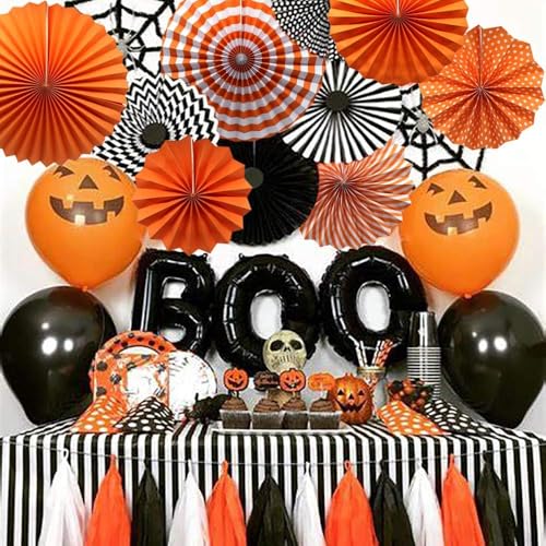 Image of 6 pcs Orange Hanging Paper Fans for Birthday Anniversary Bridal Shower Baby Shower Colorful Patterns Party Fans for Party Decoration Christmas Diwali & Wedding Decor (Pack of 6,Orange)