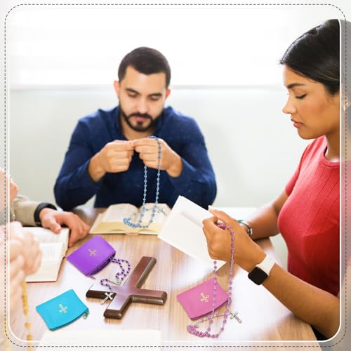 8 Pcs Rosary Pouch with Catholic Rosary Beads Y-Necklace Set for Women PU Leather Holder with Zipper and Gold Cross Imprint Case Portable Religious Bag for Travel4