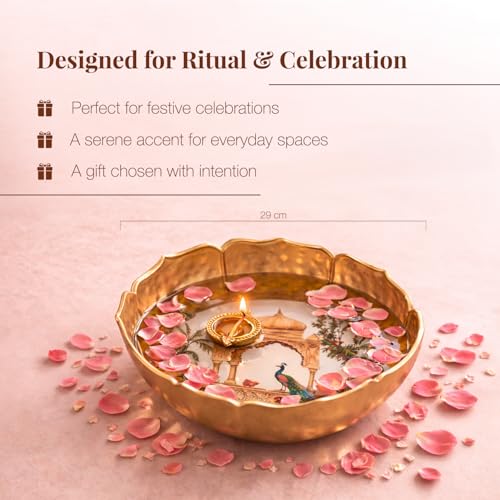 Image of Royal Swing Pichwai Art Urli Bowl | Gold Hammered Lotus Design Metal Centerpiece | Decorative Floating Candle & Flower Bowl for Diwali, Home Decor & Pooja