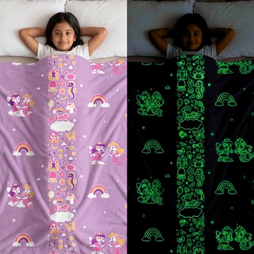Image of Famyo GlowMaxx Glow Blanket for Kids - Mira the Mermaid | Soft Flannel Double Bed Blanket 200x152 cm | Glow in Dark Winter Blanket | Safe & Lab-Tested | Best Gift for Kids (Purple)