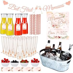 Tessco 130 Pcs Mimosa Bar Supplies Includes Galvanized Beverage Tub 4 Glass Carafe with Lid 4 White Bowl 20 Disposable Champagne Flutes 100 Paper Drinking Straws But First Mimosas Banner (Delicate)