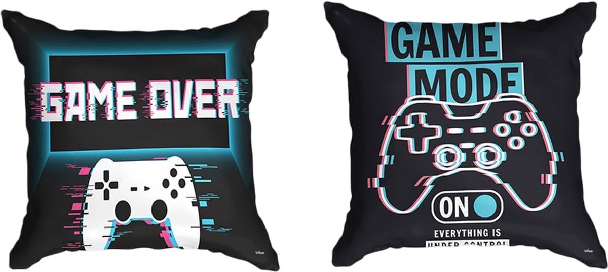Ulticool - Funda de cojín - Game On Off Controller Monitor Gaming - Juego de 2 diseños – 45 x 45 cm - Cojín Decorativo sin Relleno - Funda de Almohada para sofá/Cama - Negro Azul Turquesa