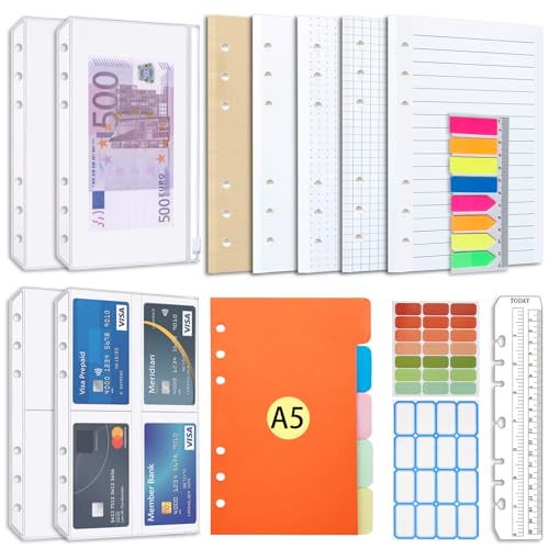AQTAQ Ensemble de recharges de papier A5 6 trous Notes autocollantes rechargeables 100 feuilles/200 pages Intercalaires colorés A5 Notes enveloppe Pour...