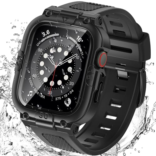 Goton 3 in 1 Waterproof Case with Band for Apple Watch with Built-in Tempered Glass Screen Protector 44mm, 360° Shockproof Bumper Face Cover with Band for Apple Watch SE 3/SE 2/SE, Series 6/5/4, 44mm