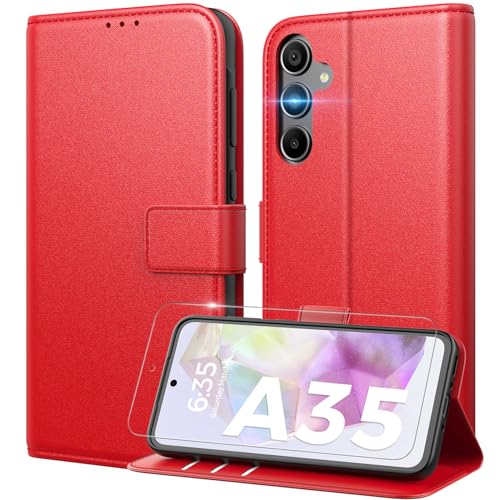 Peakally Coque pour Samsung Galaxy A35 5G [ Verre Trempé Protection *1 ] [ Blocage du Signal RFID ] [ Premium PU ] [ Pochette de Portefeuille ] Etui à Rabat pour Samsung A35 5G，Rouge Vif