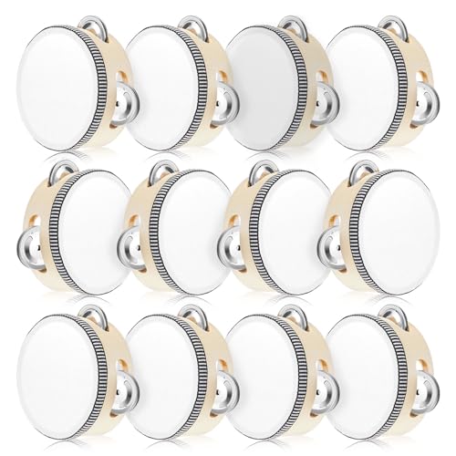 12 Pcs Wedding Tambourine Drum for Adults Hand Held Percussion Gift Wood Metal Jingles Musical Educational Drum Instrument for Church Wedding Party Games(White,4 Inch)