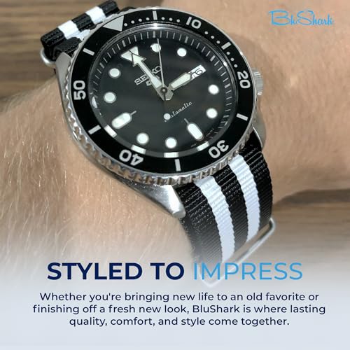 Image of BluShark - Original Collection Military-Style Waterproof Watch Strap, Fits All Timepiece Brands, Durable Nylon Wristwatch Accessories with Stainless Steel Buckle - 18mm, 20mm, 22mm & 24mm Watch Bands
