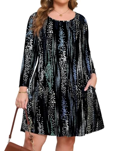 JollieLovin Women Plus Size 3/4 Sleeve Casual Dresses Crew Neck T Shirt Swing Dress with Pockets(4X,Dark Digital Drip Pattern-126)