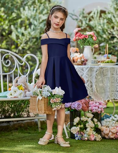 Arshiner Mädchen Kleid Schulterfrei Spaghettiträger Kinderkleid Ärmelloses Festliches Trägerkleid Sommer Partykleid Elegant Abendkleid für Mädchen 9-10 Jahre Marineblau