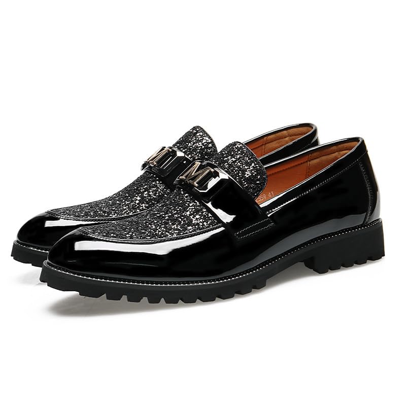 Santimon Men's Patent Leather Glitter Loafers Metallic Buckle Slip-On Dress Shoes Chunky Sole Formal & Casual Wedding Shoe4
