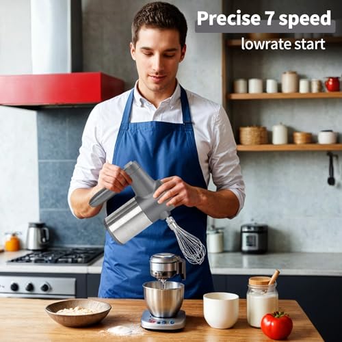 LAOION Cordless Hand Mixer, 7-Speed Digital Rechargeable Mixer Electric Handheld with Base, Household Mixer with 6 Stainless Steel Accessories, Beaters, Dough Hooks, Whisks for Baking, Cake, Egg,Cream