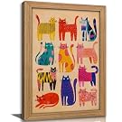 Framed Colorful Abstract Cat Wall Art, Cute Kitten Painting Canvas Print, Colorful Cartoon Animal Wall Decor, Whimsical Cats Folk Art Poster Print Artwork for Living Room Bedroomor Nursery, 12x16in